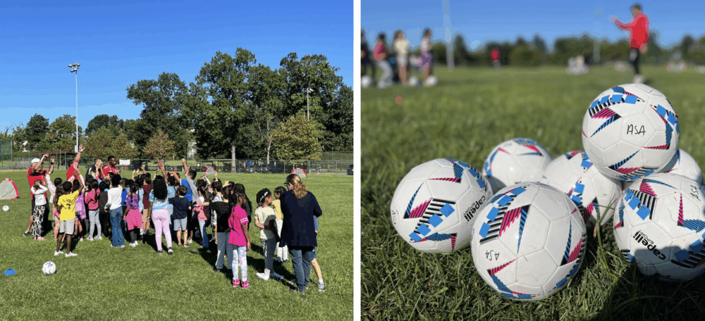 Soccer balls sit in grass, and kids raise their hands as coaches ask them a question.
