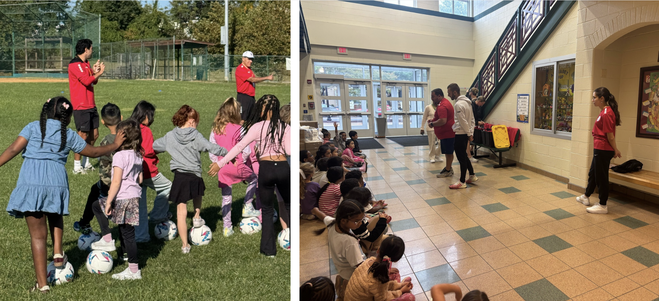 Coaches give directions to kids playing soccer.
